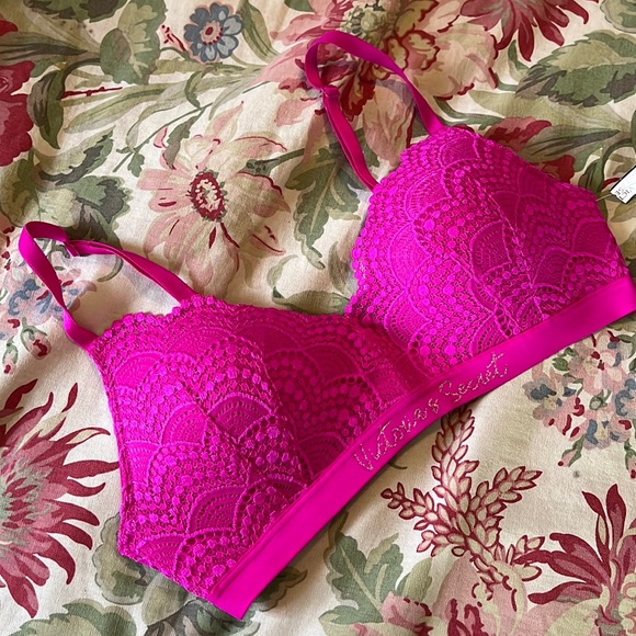 VICTORIA SECRET Size 36C PINK Barbie Wireless Lace Pad Cup Glitter Logo $69 NEW - Picture 2 of 15